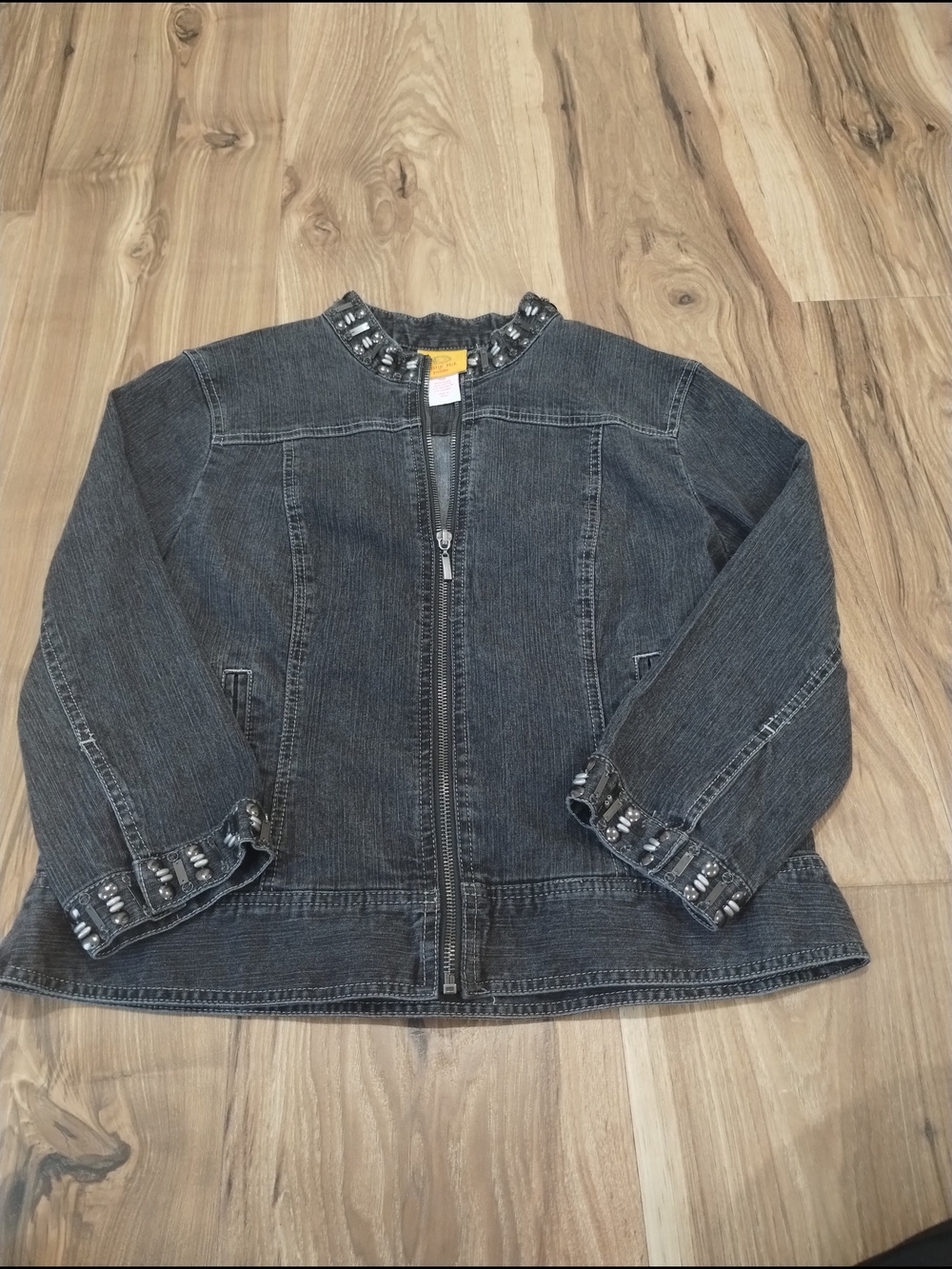 Ruby Rd. Beaded Dark Gray Zip-Front Denim Jacket